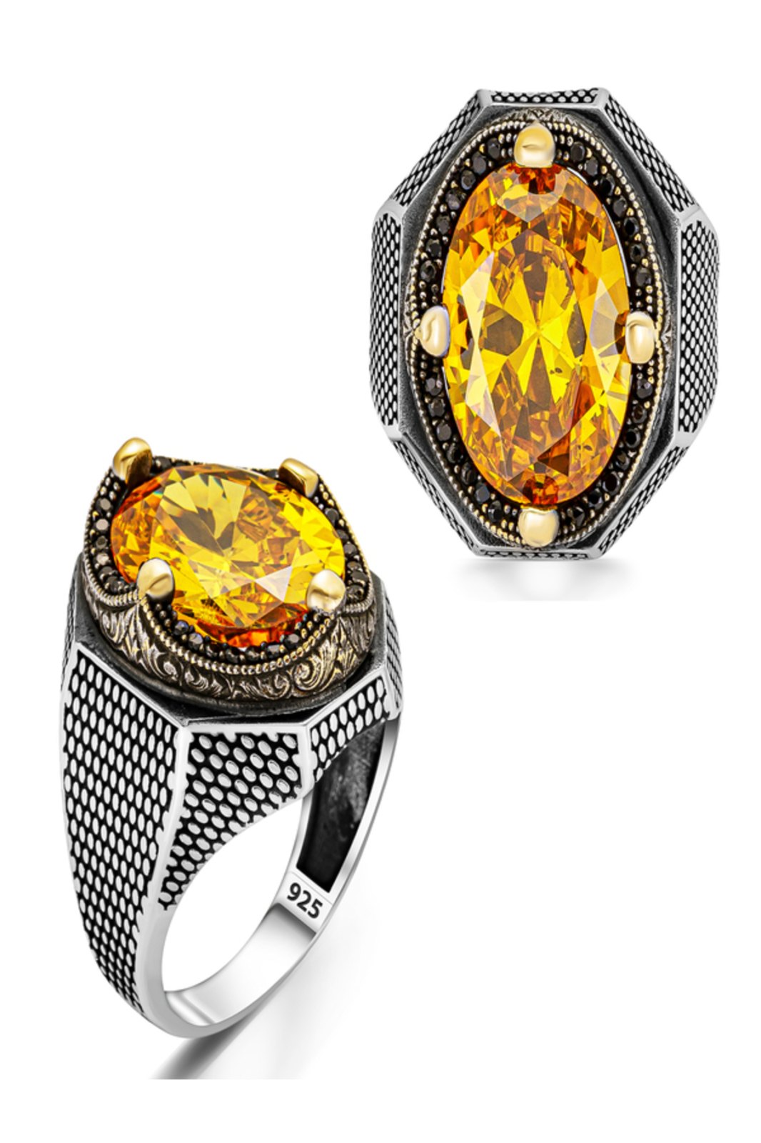 Erkek Siyah Taşlı Oval Sarı Zirkon Yüzük Gotik ve Vintage tasarım 925 ayar 21.33 gr - 31