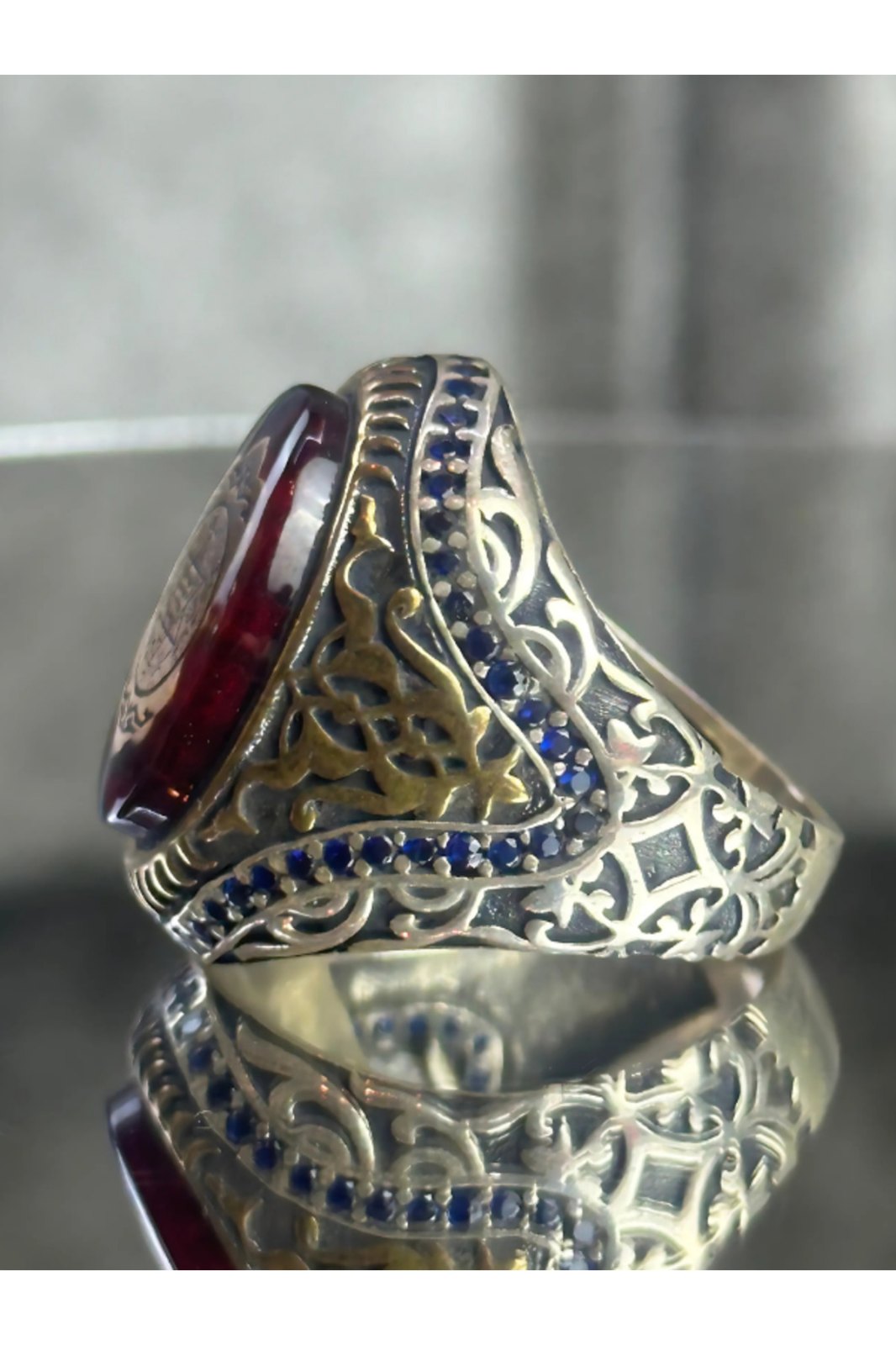 Erkek Gümüş Yüzük Süleyman Mührü İşlemeli Kırmızı Taşlı Siyah Mineli 925 Ayar - 29 · الصورة 2
