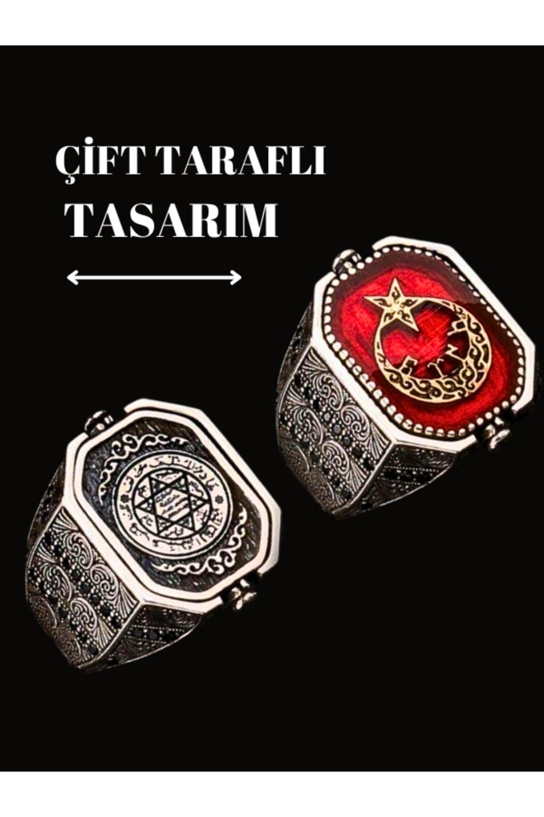 Erkek Gümüş Yüzük Göktürkçe Yazılı Çift Taraflı Türk Bayrağı Süleyman Mührü 925 Ayar - 23