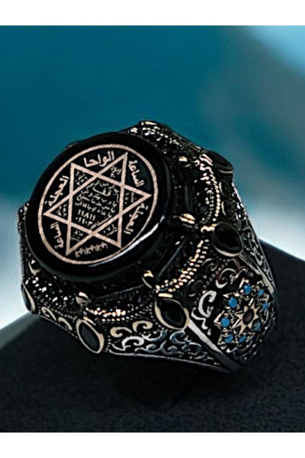 Erkek Gümüş Yüzük Süleyman Mührü Zirkon Taşlı Oval Kasa Özel Tasarım 925 Ayar - 19 · Image 2
